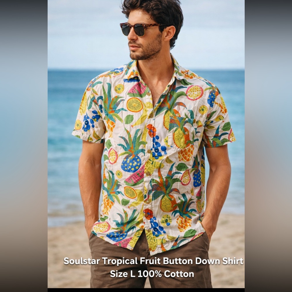 Soulstar Tropical Fruit Button Down Camp Shirt size L Vacation Dad Hawaiian Fun